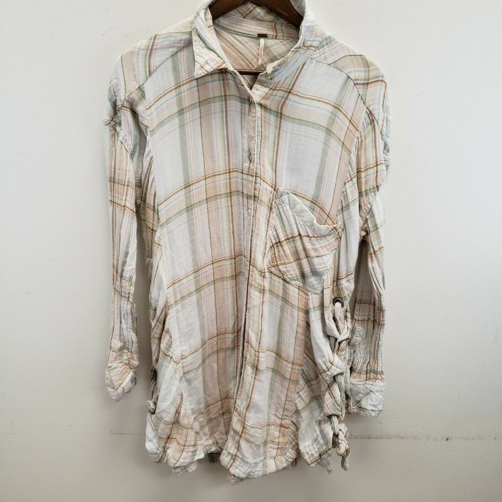 Free People Womens Ivory Nordic Day Button Up Tunic Top Size M Long Sleeve Boho